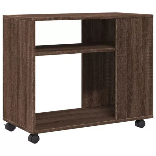 Barna tölgy színű szerelt fa kisasztal kerekekkel 70x35x60 cm