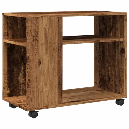 Antik fa színű szerelt fa kisasztal kerekekkel 70 x 35 x 60 cm