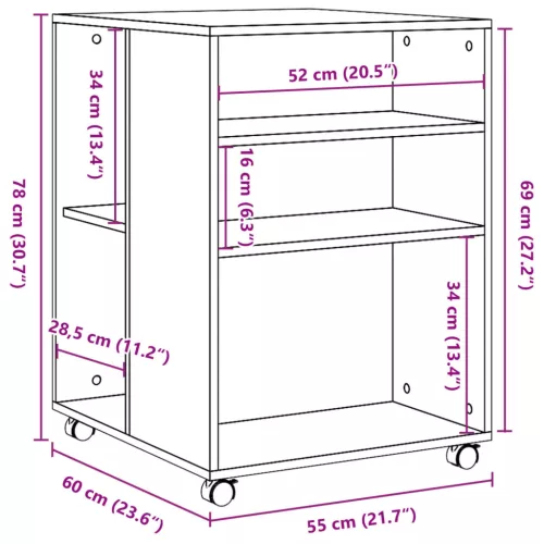 Betonszürke szerelt fa kisasztal kerekekkel 55 x 60 x 78 cm