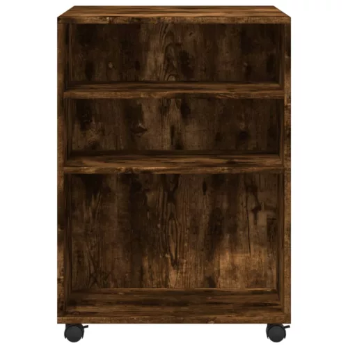 Füstös tölgy színű szerelt fa kisasztal kerekekkel 55x60x78 cm