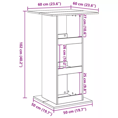 Betonszürke szerelt fa bárasztal tárolóval 60 x 60 x 102 cm
