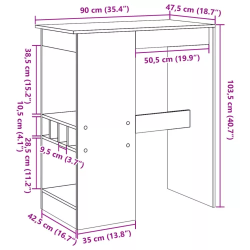 Betonszürke szerelt fa bárasztal tárolókkal 90x47,5x103,5 cm