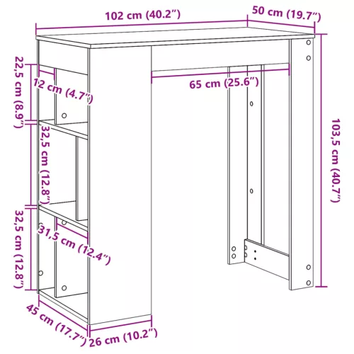 Betonszürke szerelt fa tárolórekeszes bárasztal 102x50x103,5 cm
