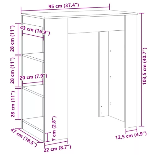 Füstös tölgy szerelt fa bárasztal tárolókkal 95 x 47 x 103,5 cm