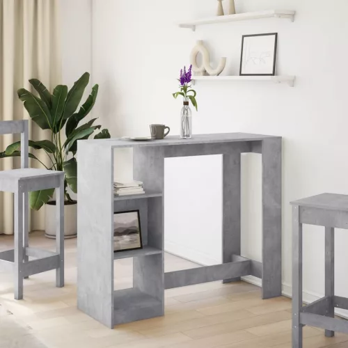Betonszürke szerelt fa bárasztal polccal 124 x 46 x 103,5 cm