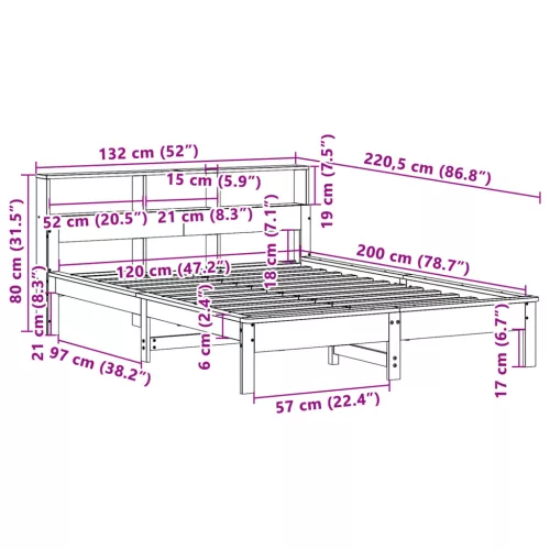 Barna tömör fenyőfa könyvespolcos ágy matrac nélkül 120 x 200cm