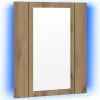 Kézműves tölgy szerelt fa tükrös szekrény LED-del 40x12x45 cm