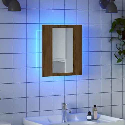 Kézműves tölgy szerelt fa tükrös szekrény LED-del 40x12x45 cm