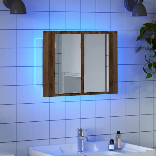 Antik fa színű szerelt fa tükörszekrény LED-del 60x12x45cm