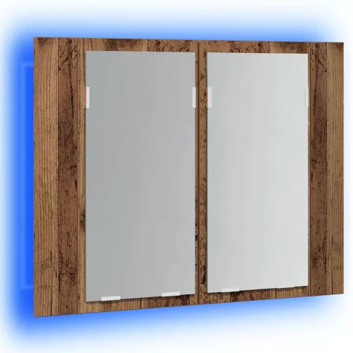 Antik fa színű szerelt fa tükörszekrény LED-del 60x12x45cm