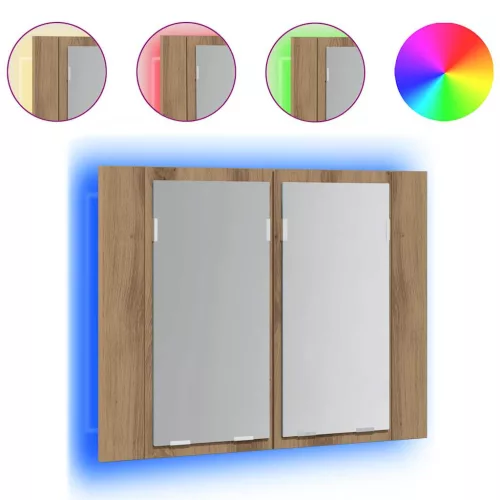 Kézműves tölgyszínű szerelt fa tükörszekrény LED-del 60x12x45cm