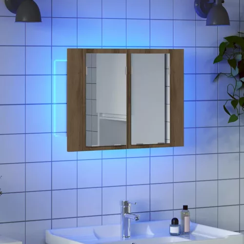 Kézműves tölgyszínű szerelt fa tükörszekrény LED-del 60x12x45cm