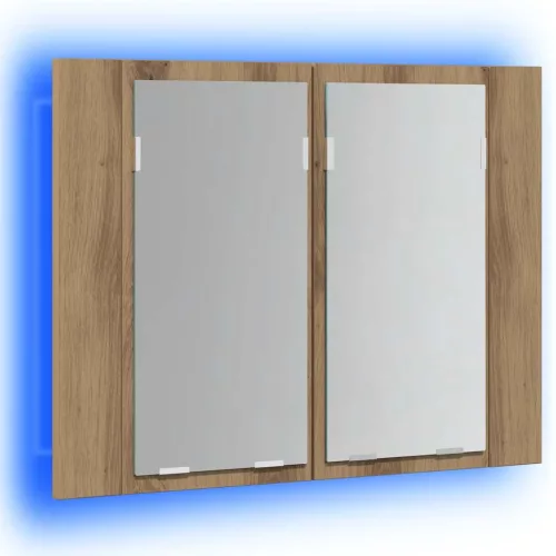 Kézműves tölgyszínű szerelt fa tükörszekrény LED-del 60x12x45cm