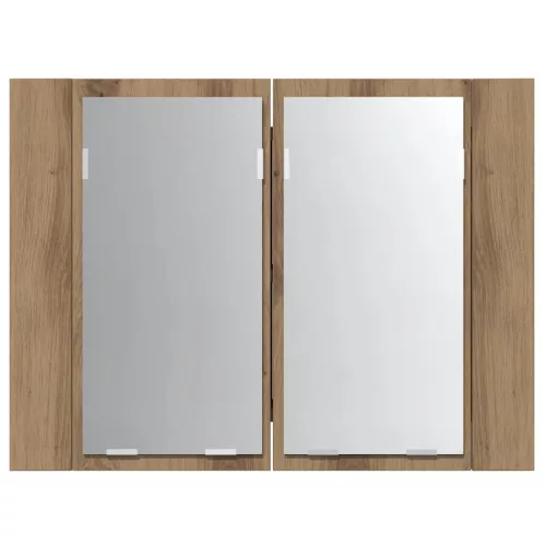 Kézműves tölgyszínű szerelt fa tükörszekrény LED-del 60x12x45cm