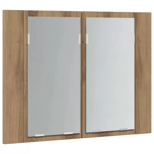 Kézműves tölgyszínű szerelt fa tükörszekrény LED-del 60x12x45cm