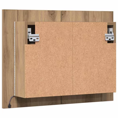 Kézműves tölgyszínű szerelt fa tükörszekrény LED-del 60x12x45cm