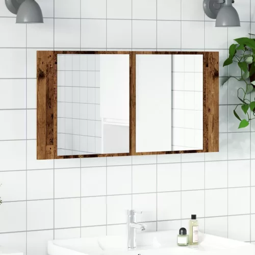 Antik fa színű szerelt fa tükrösszekrény LED-del 90x12x45 cm