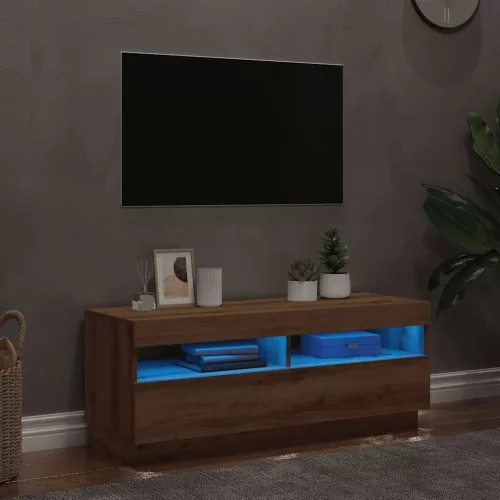 Kézműves tölgy szerelt fa TV-szekrény LED-ekkel 100x35x40 cm
