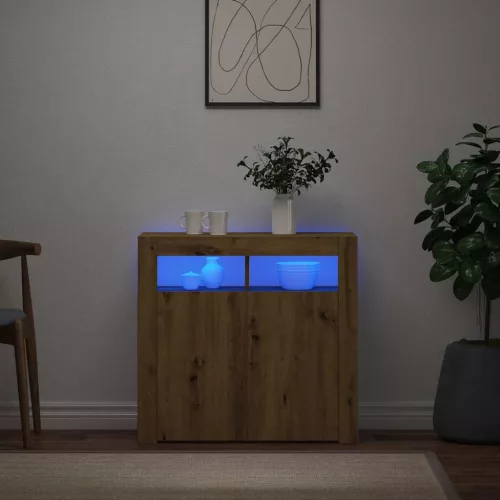 Kézműves tölgy szerelt fa tálalószekrény LED-ekkel 80x35x75 cm
