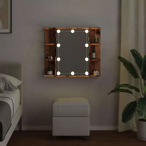 Antik fa tükrös szekrény LED-ekkel 70 x 16,5 x 60 cm