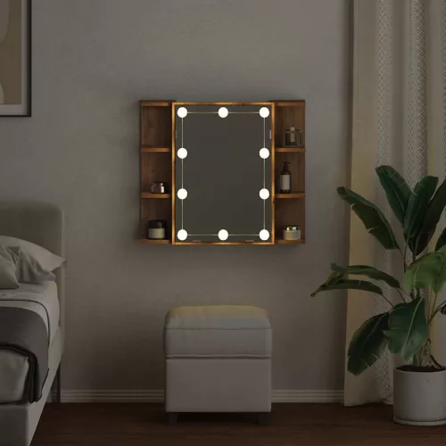 Kézműves tölgy tükrös szekrény LED-ekkel 70 x 16,5 x 60 cm
