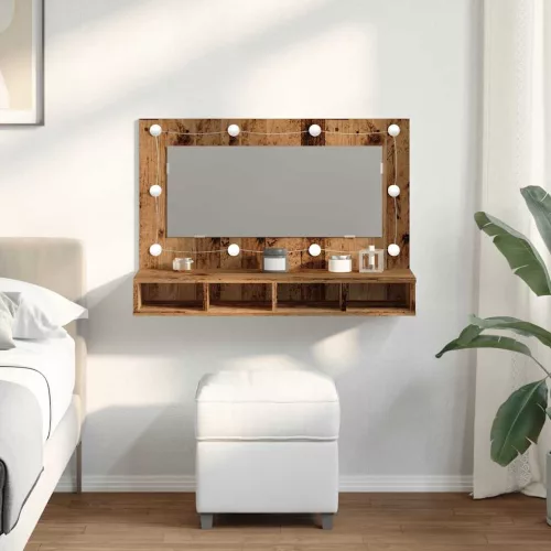 Antik fa tükrös szekrény LED-ekkel 90x31,5x62 cm
