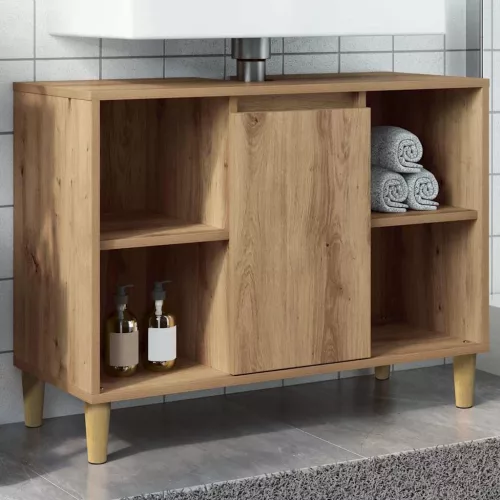 Kézműves tölgy színű szerelt fa mosdószekrény 80 x 33 x 60 cm