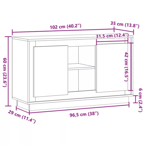102 x 35 x 55 cm-es műfából készült kézműves tölgyfa tálalószekrény