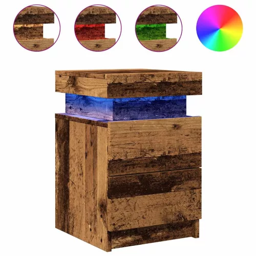 Antik fa színű szerelt fa éjjeliszekrény LED-del 35x39x55 cm