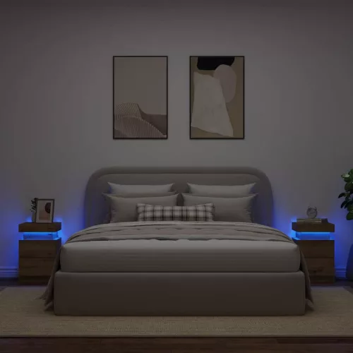 2 db kézműves tölgy szerelt fa LED-es éjjeliszekrény 35x39x55cm