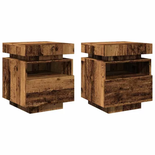 2 db antik fa színű éjjeliszekrény LED-fényekkel 40x39x48,5 cm