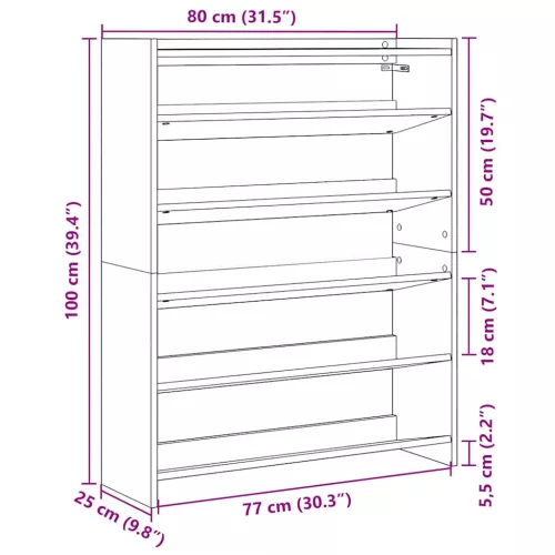 Kézműves tölgy színű szerelt fa cipősszekrény 80x25x100 cm