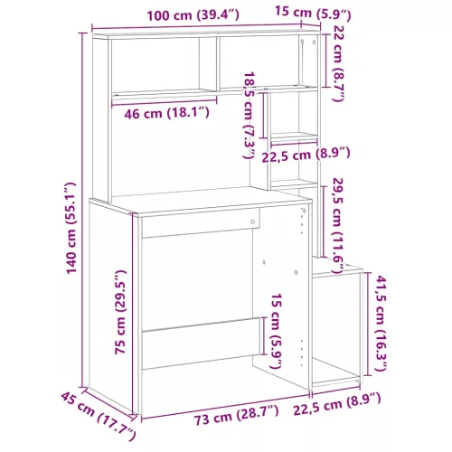 Betonszürke szerelt fa íróasztal polcokkal 100x45x140 cm