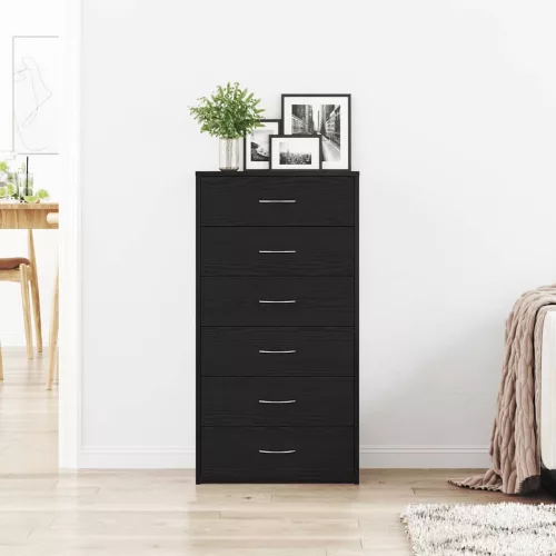 Fekete tölgy színű szerelt fa komód 6 fiókkal 50 x 34 x 96 cm