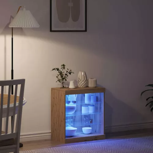 Széf LED -es lámpákkal kézműves tölgy 60.5 x 37 x 67 cm Faanyag