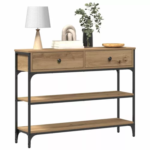 Konzolasztal fiókkal polcokkal kézműves tölgy 100 x 25 x 75 cm