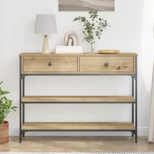 Konzolasztal fiókkal polcokkal kézműves tölgy 100 x 25 x 75 cm