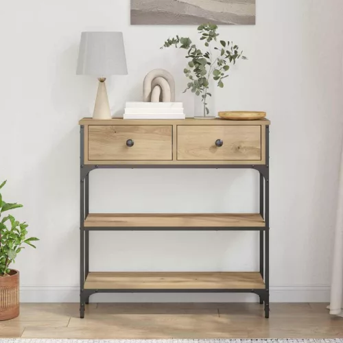 Konzolasztal fiókkal polcokkal kézműves tölgy 72,5 x 25 x 75 cm