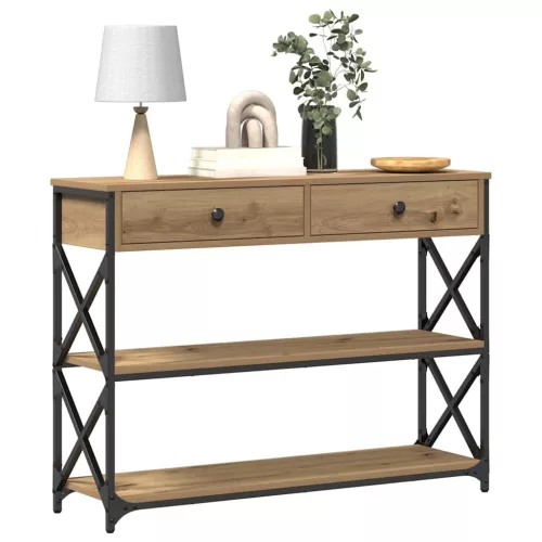 Konzol Asztal fiókkal polcokkal kézműves tölgy 100 x 28 x 75 cm