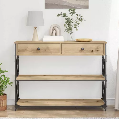 Konzol Asztal fiókkal polcokkal kézműves tölgy 100 x 28 x 75 cm