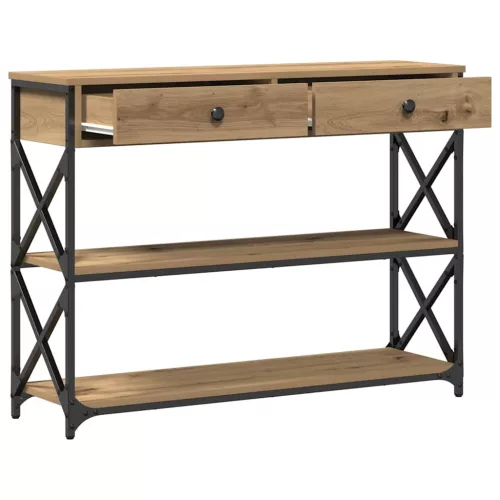 Konzol Asztal fiókkal polcokkal kézműves tölgy 100 x 28 x 75 cm