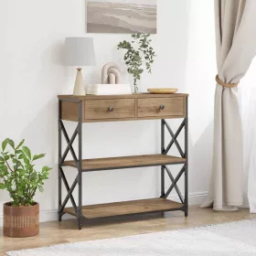   Konzol Asztal fiókkal polcokkal kézműves tölgy 75 x 28 x 75 cm