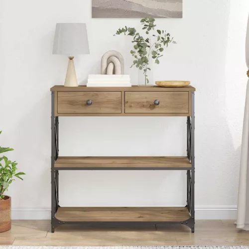 Konzol Asztal fiókkal polcokkal kézműves tölgy 75 x 28 x 75 cm