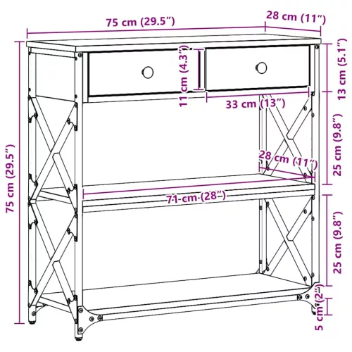 Konzol Asztal Musta tammi 75 x 28 x 75 cm Műgyantás fa és fém