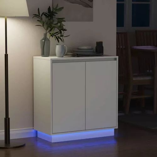 Komód LED -es lámpákkal ajtóval Fehér 71 x 34.5 x 75 cm Faanyag