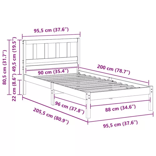 Ágykeret fejtámlával Fehér 90 x 200 cm Tömör fenyőfa