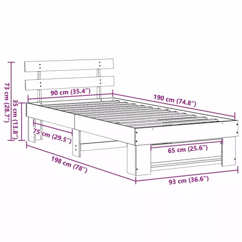 Ágykeret fejtámlával Barna 90 x 190 cm Tömör fenyőfa