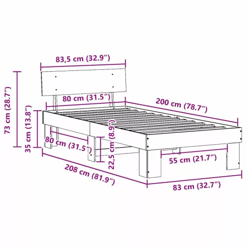 Ágykeret fejtámlával Viaszbarna 80 x 200 cm Tömör fenyőfa