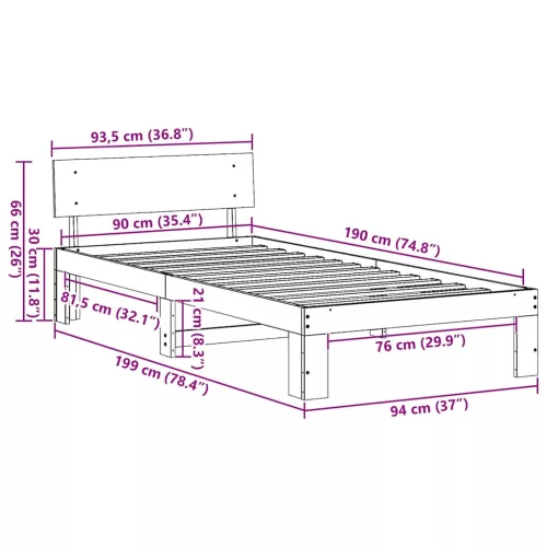 Ágykeret fejtámlával Fehér 90 x 190 cm Tömör fenyőfa