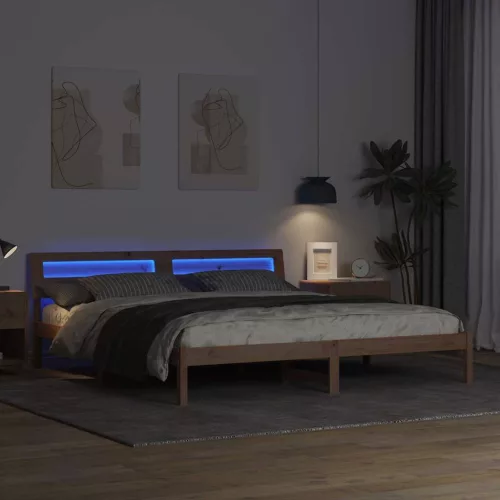Ágykeret LED -es lámpákkal Barna 180 x 200 cm Tömör fenyőfa
